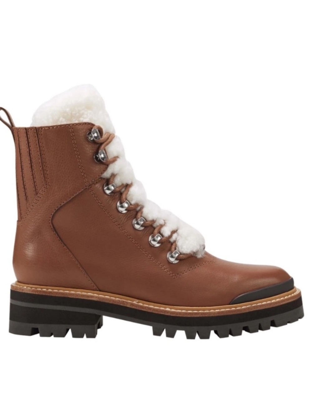 Marc Fisher Izzie lug sole Shearling Lace Up Boots Dark Cognac Brown Leather